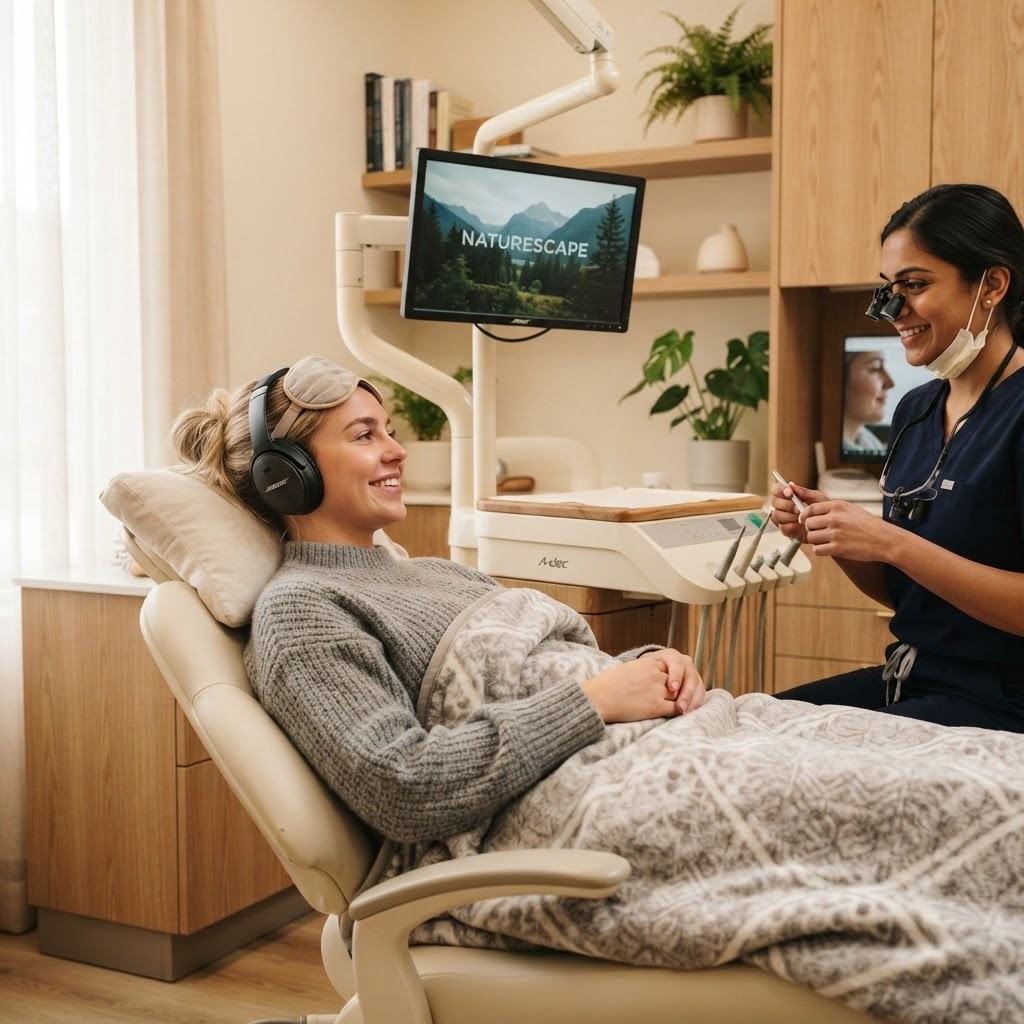 A patient relaxing comfortably with a weighted blanket and headphones during treatment