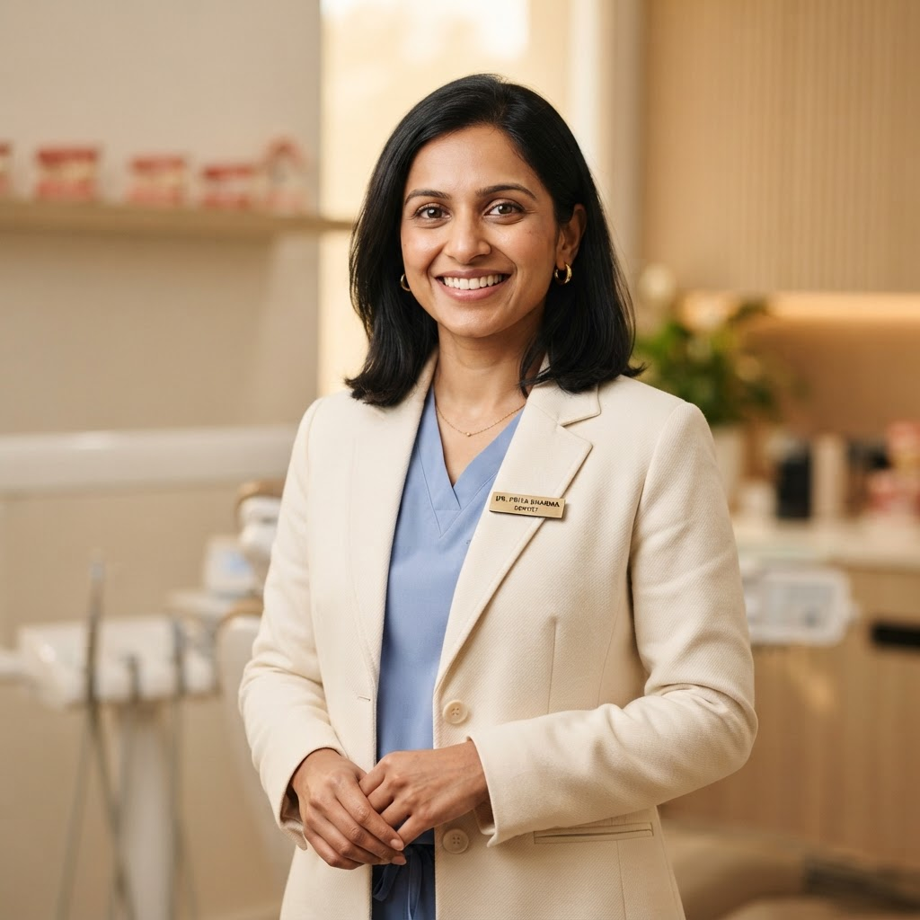 Dr. Maya Sharma, founder and general dentist, smiling warmly