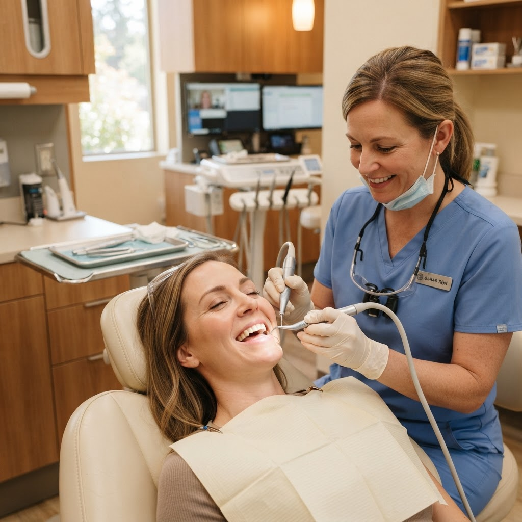 A hygienist performing a gentle cleaning